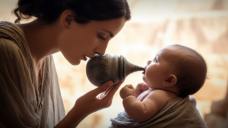 Biberon, Muhteşem Emici Bez Üzere Pratik Eserlerin Olmadığı Antik Çağ'da Bebek Bakımı İçin Kullanılan Değişik Eserler